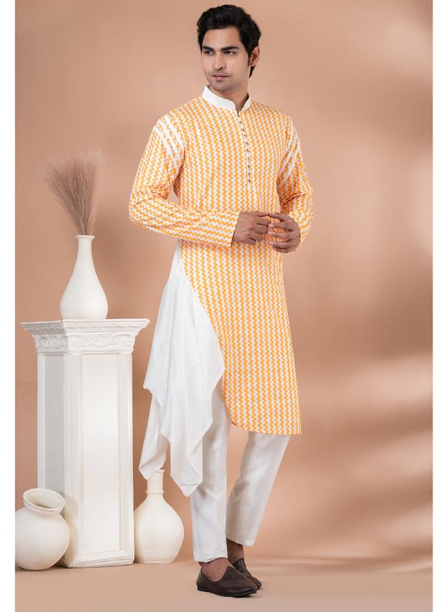 Cotton Yellow,white Festival Wear Weaving Kurta Pajama